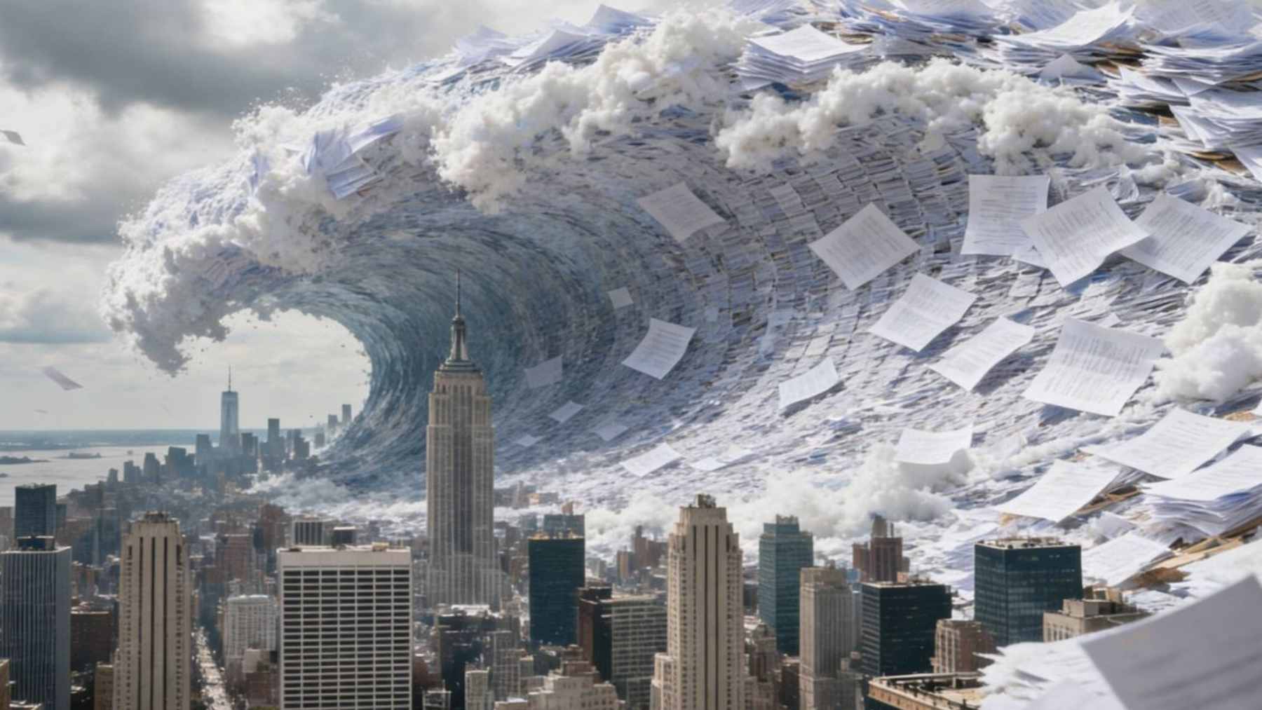 A towering wave of paper documents curls over New York City, capturing the AI-driven flood of text hitting institutions.