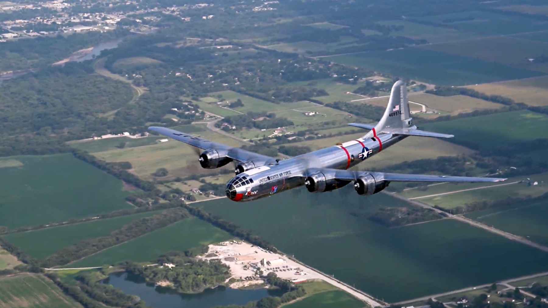 B-29 Superfortress Doc flying in the sky during an air show demonstration