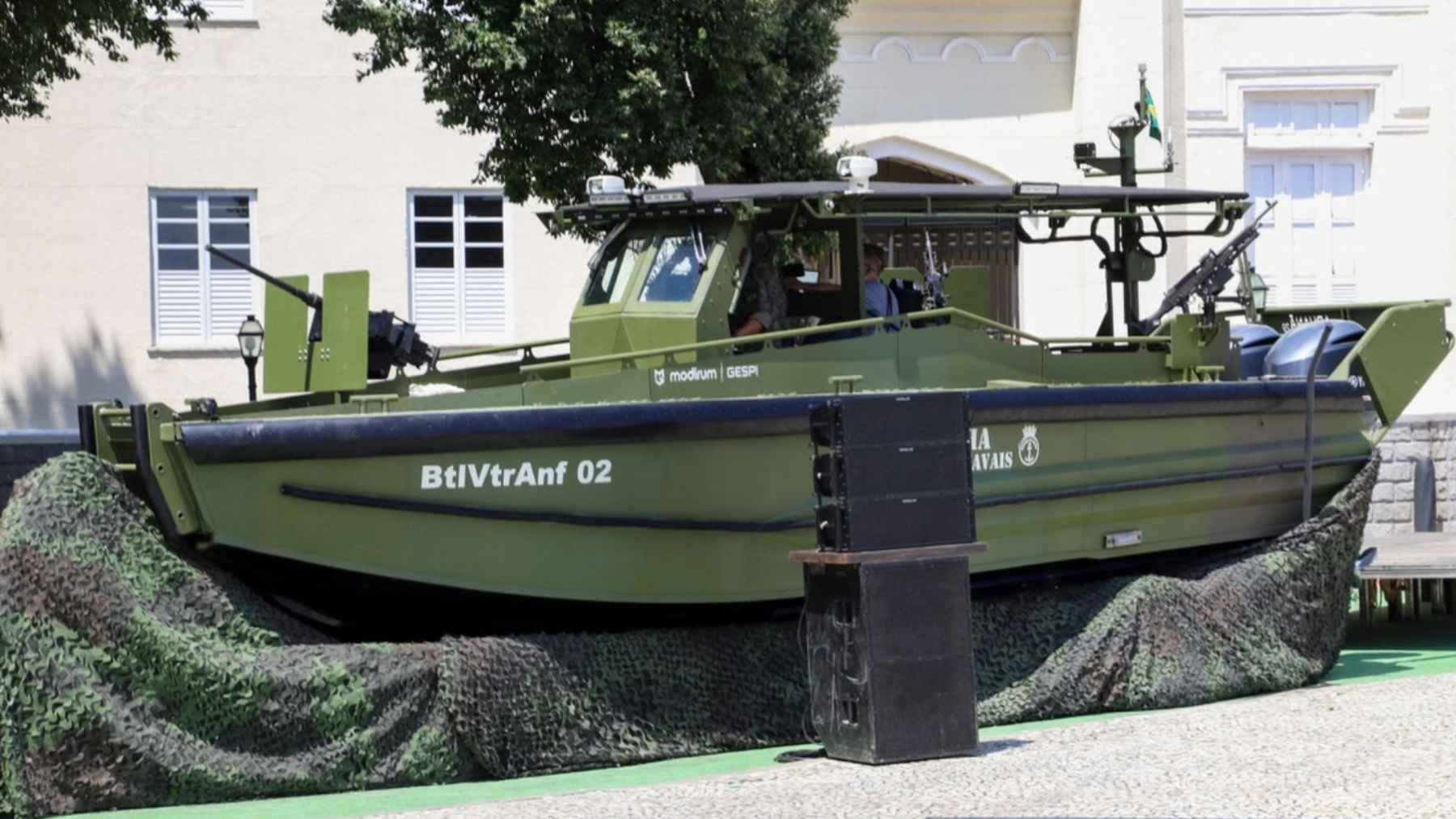 Brazilian Marine Corps armored riverine patrol boat displayed during a modernization program for coastal and river operations.