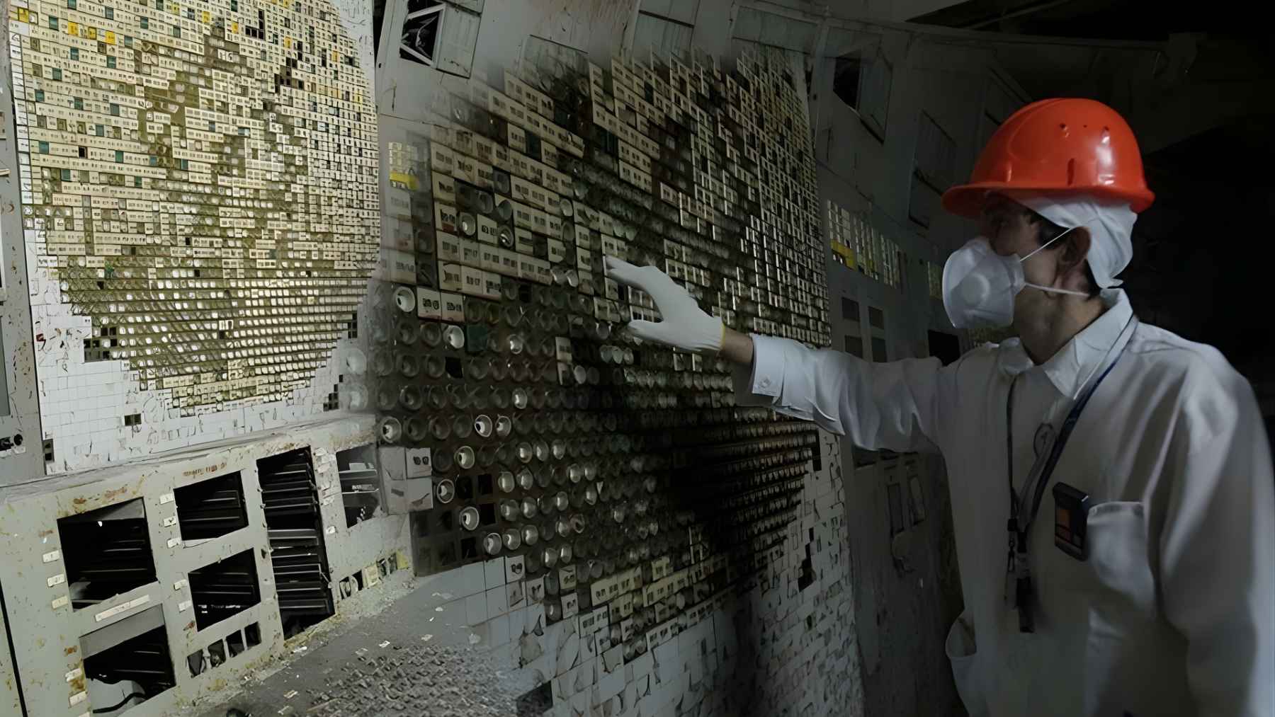 Worker in protective gear inside the Chernobyl nuclear plant, illustrating research on radiation-tolerant black fungi