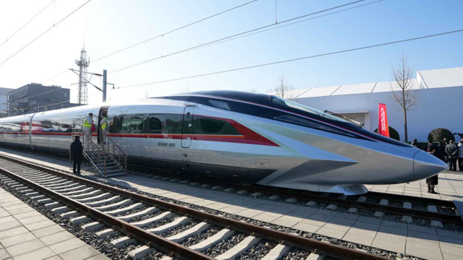 China CR450 bullet train prototype at station platform during official unveiling