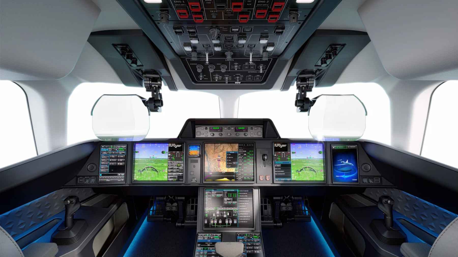 The ultra-modern NeXus flight deck of the Dassault Falcon 10X featuring large touchscreens, dual head-up displays, and a Rafale-inspired smart throttle