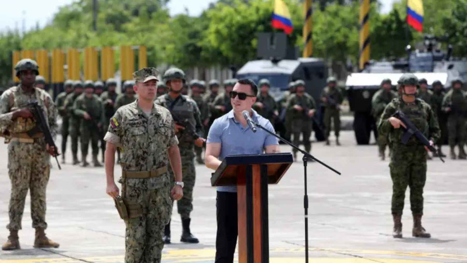 Ecuadorian military patrol at night with helicopters and drones enforcing curfew in high risk urban areas
