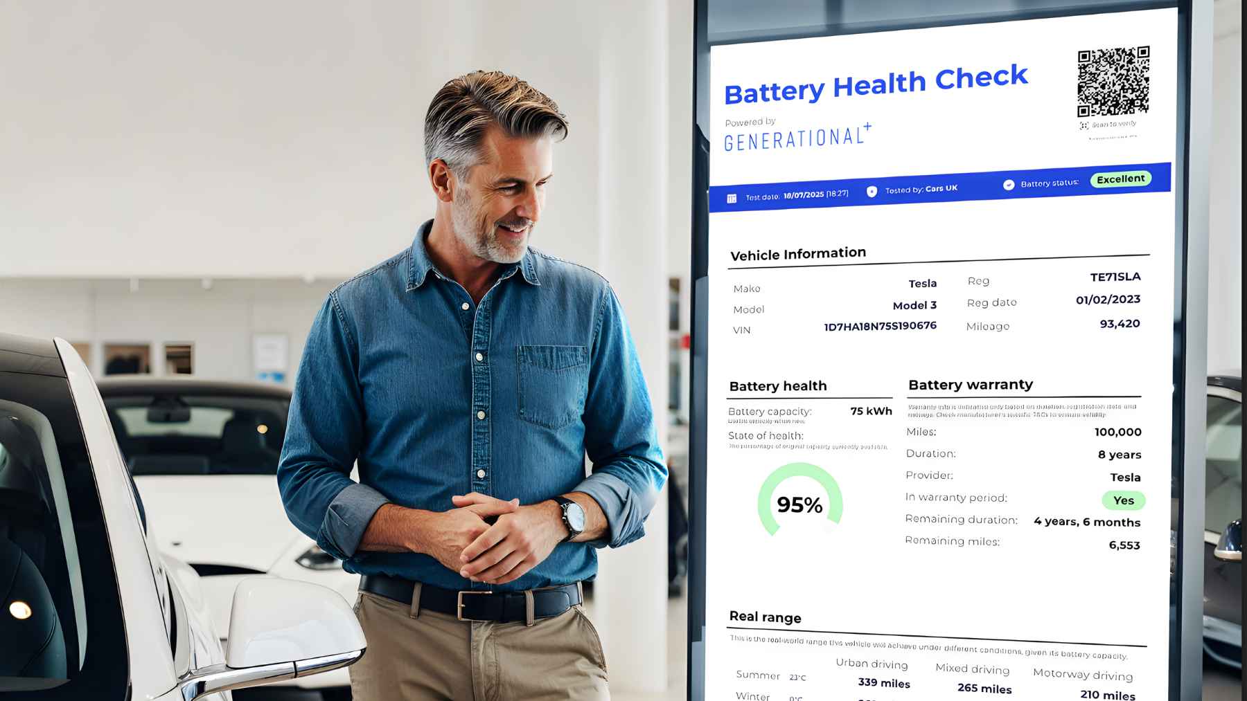 Man reviewing an electric car battery health report on a digital screen showing 95 percent battery condition in a showroom