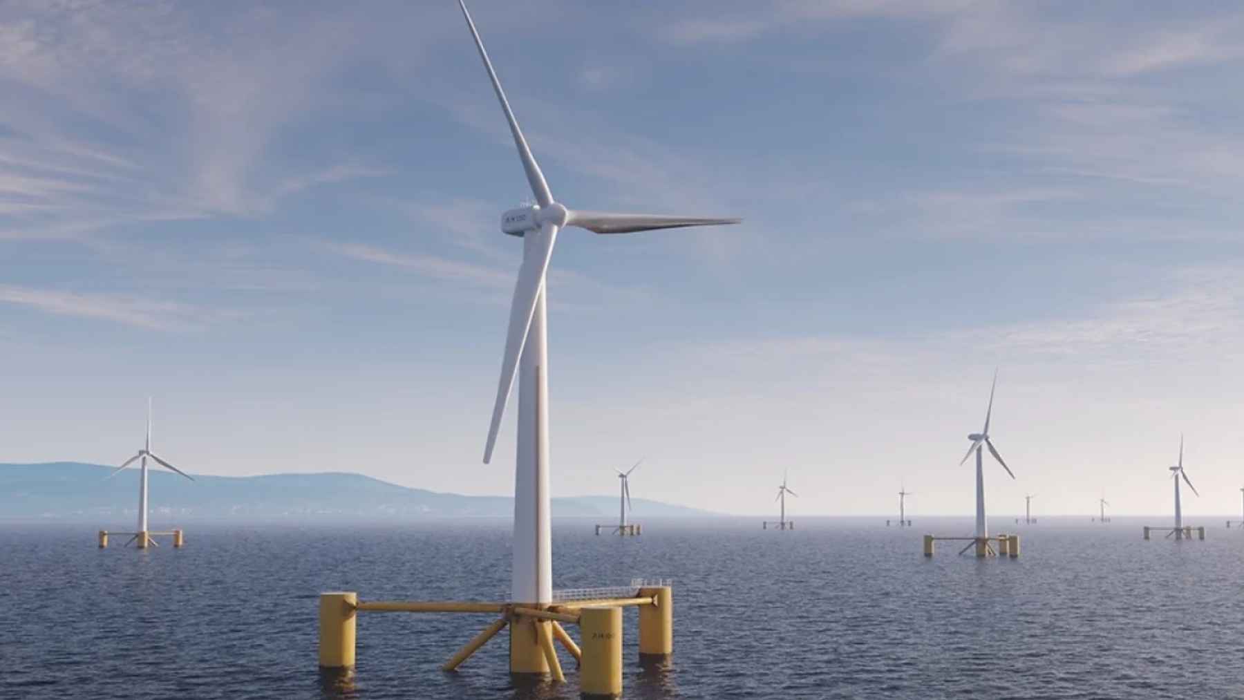 floating offshore wind turbine platform in open sea designed to support integrated AI data center infrastructure.