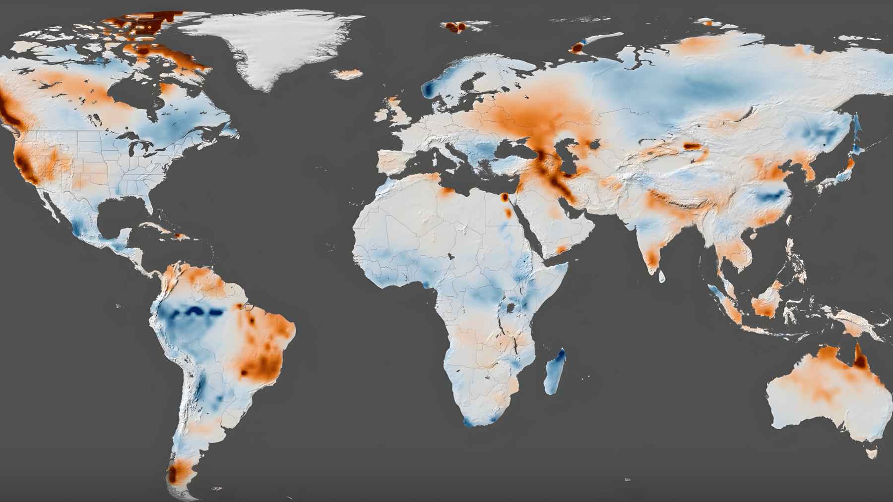 Global map showing terrestrial water storage loss and gain measured by NASA GRACE satellites, highlighting expanding drought regions worldwide.