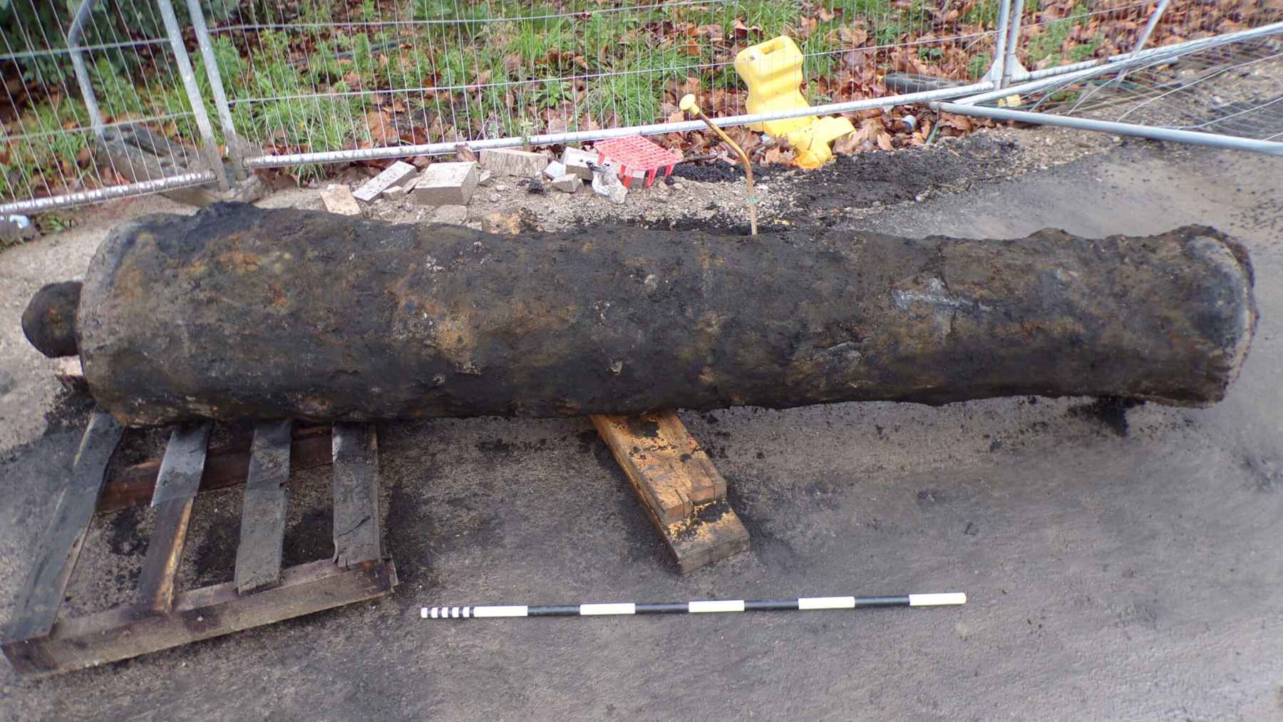 Large cast iron cannon discovered during excavation work at Queen’s Gardens in Hull, England, during a city redevelopment project.