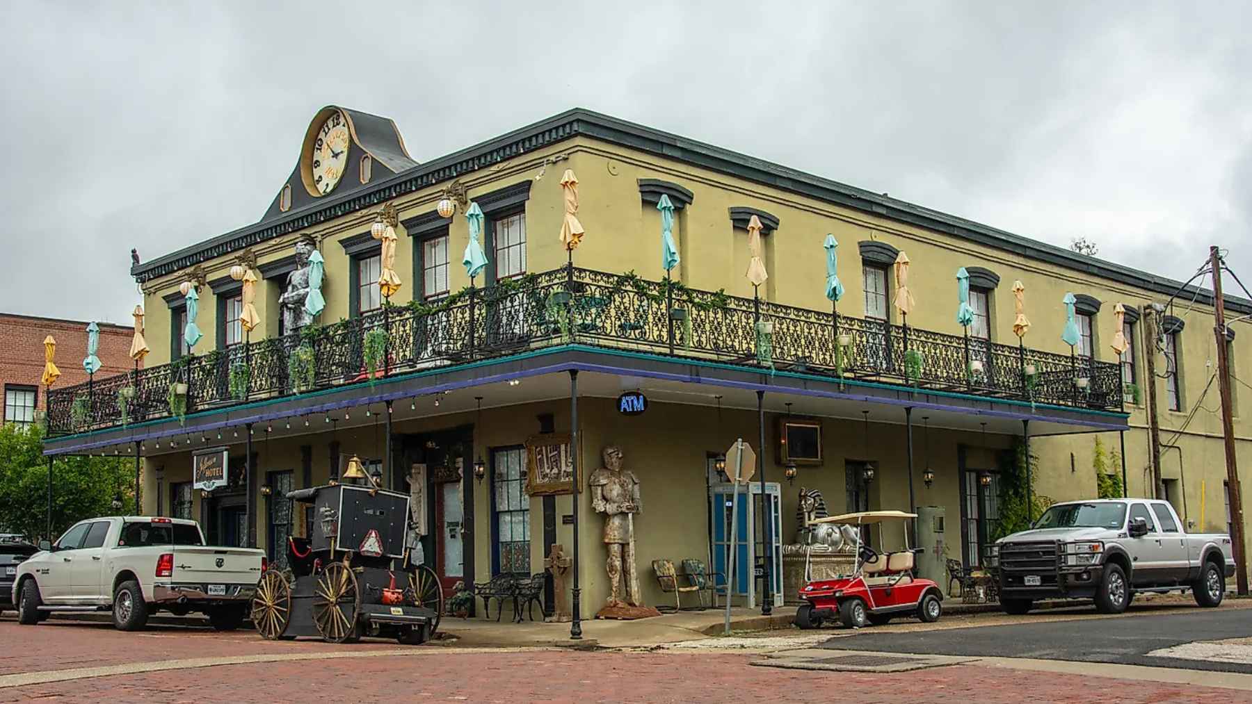 Historic downtown Jefferson, Texas with preserved 19th century buildings near Big Cypress Bayou in East Texas.