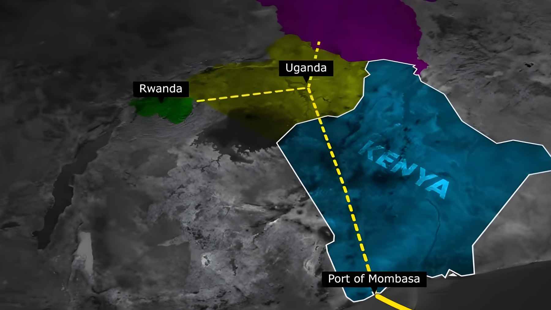 Map of East Africa showing Kenya’s railway corridor from the Port of Mombasa to Uganda and Rwanda