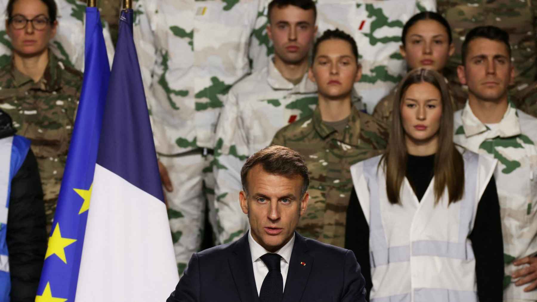 French President Emmanuel Macron speaks before military personnel as France unveils a new nuclear deterrence plan in Europe