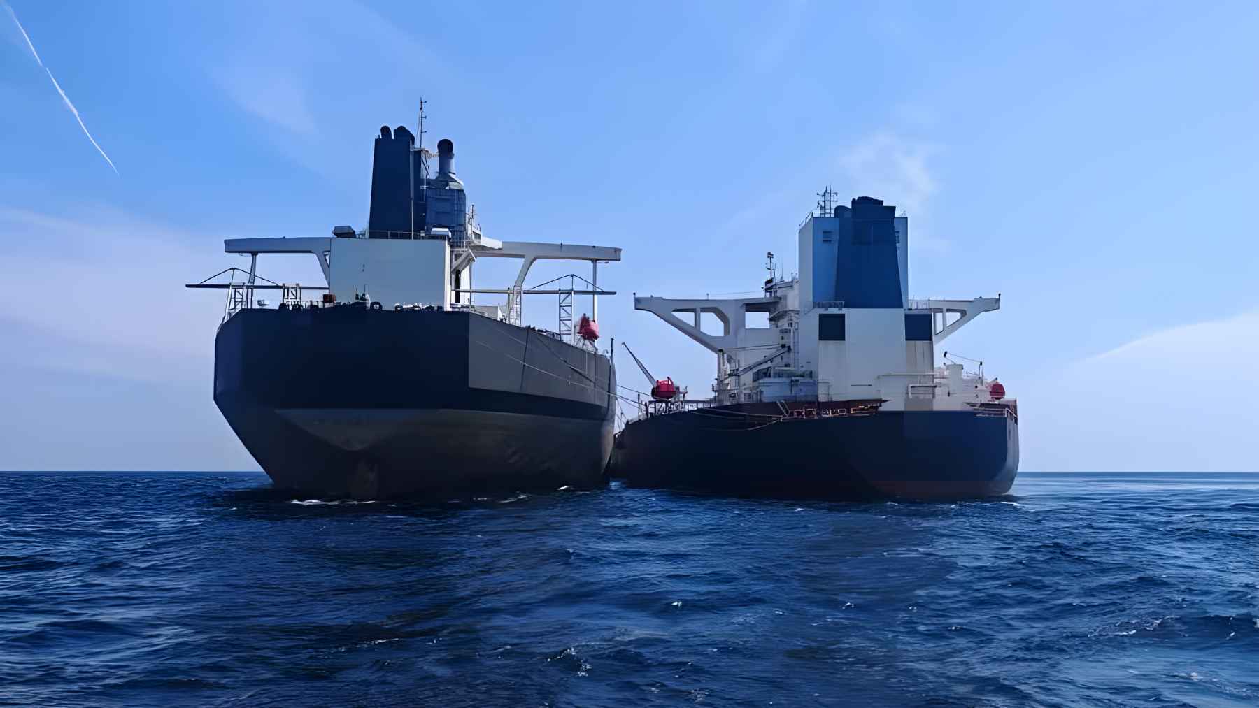 Oil tankers anchored offshore during a suspected illegal ship to ship crude transfer intercepted by Malaysian authorities