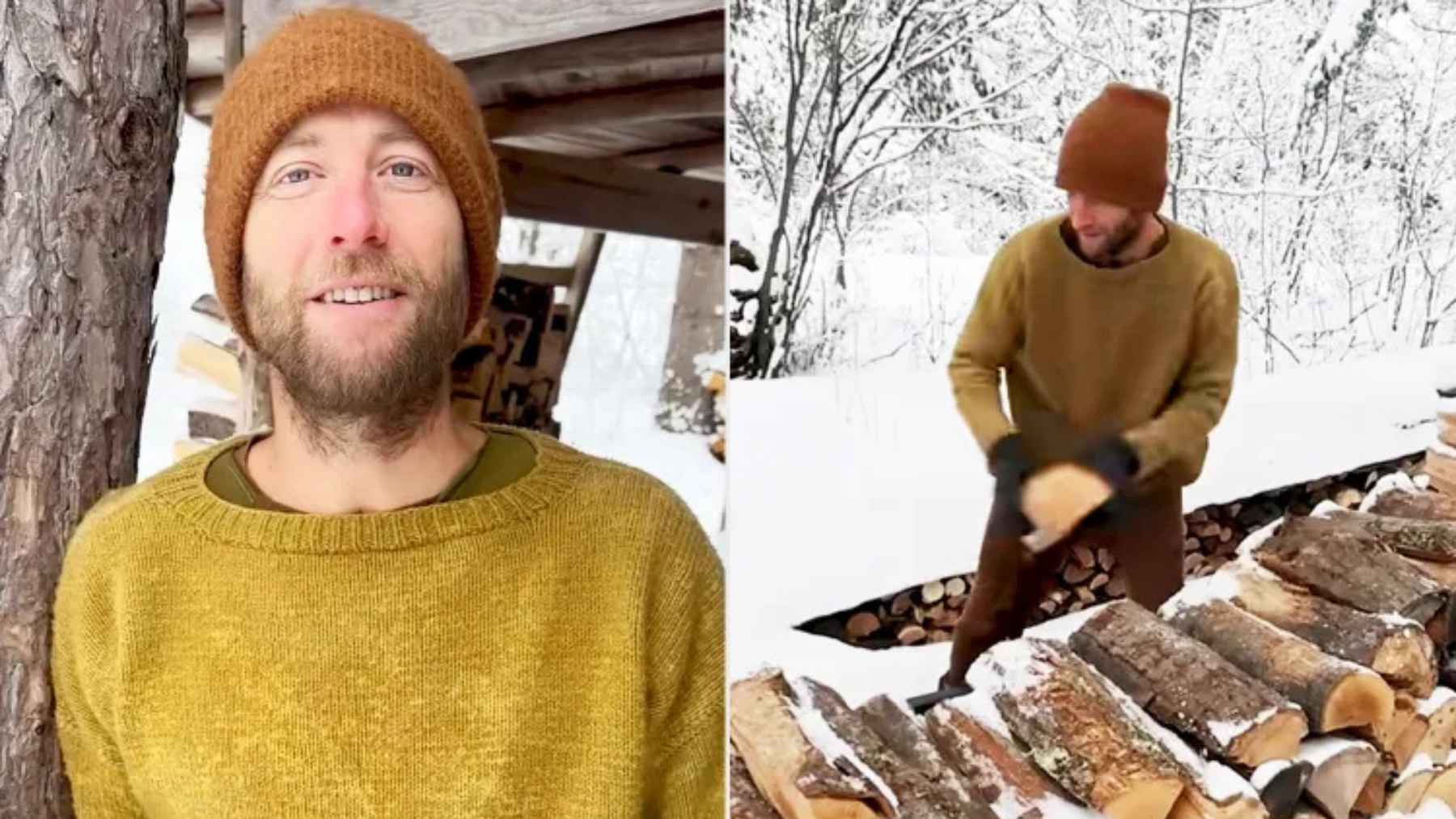 Man chopping firewood and living in an uninsulated tiny home during a Wisconsin winter