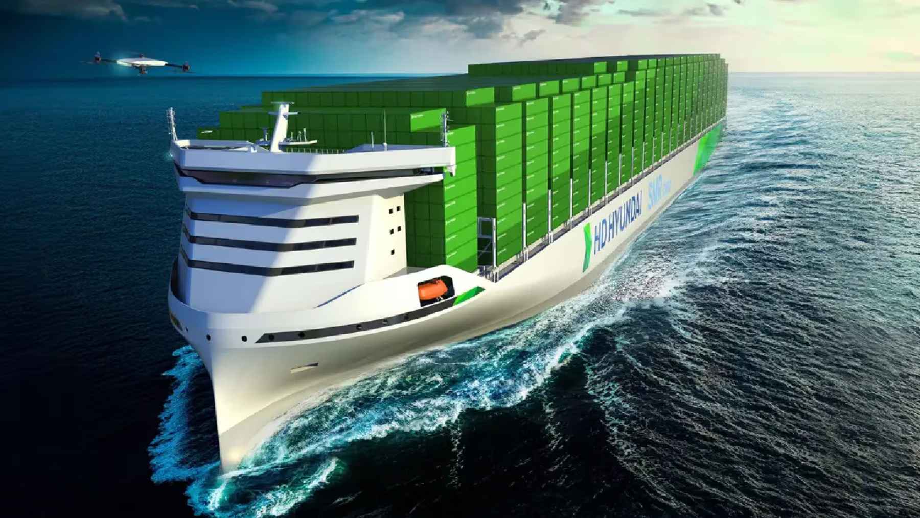 Modern container ship sailing at sea representing nuclear powered cargo vessel concept for clean energy shipping