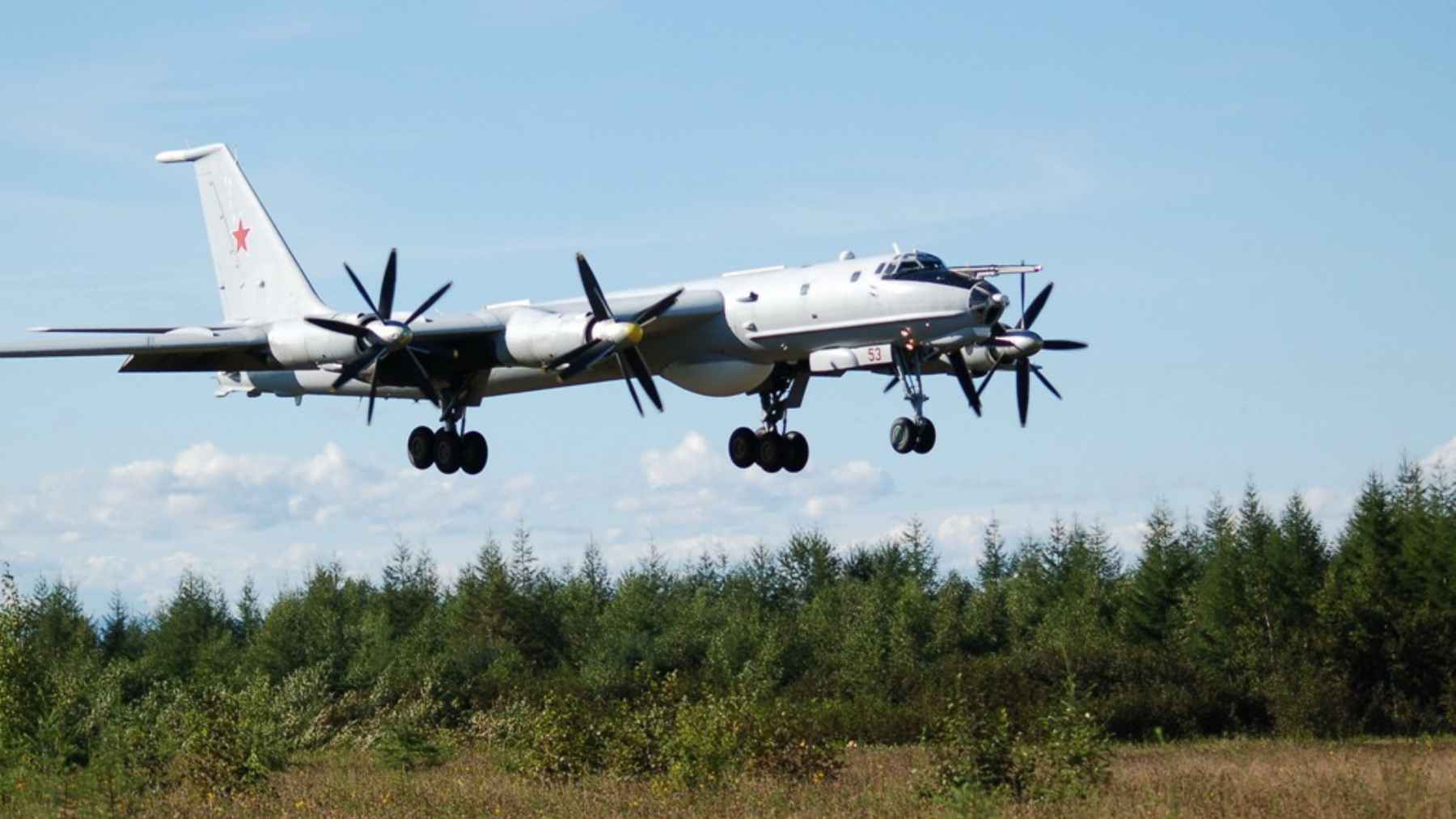 Russian Tu-142 maritime patrol aircraft flying during a long range mission near Alaska in the Arctic region.