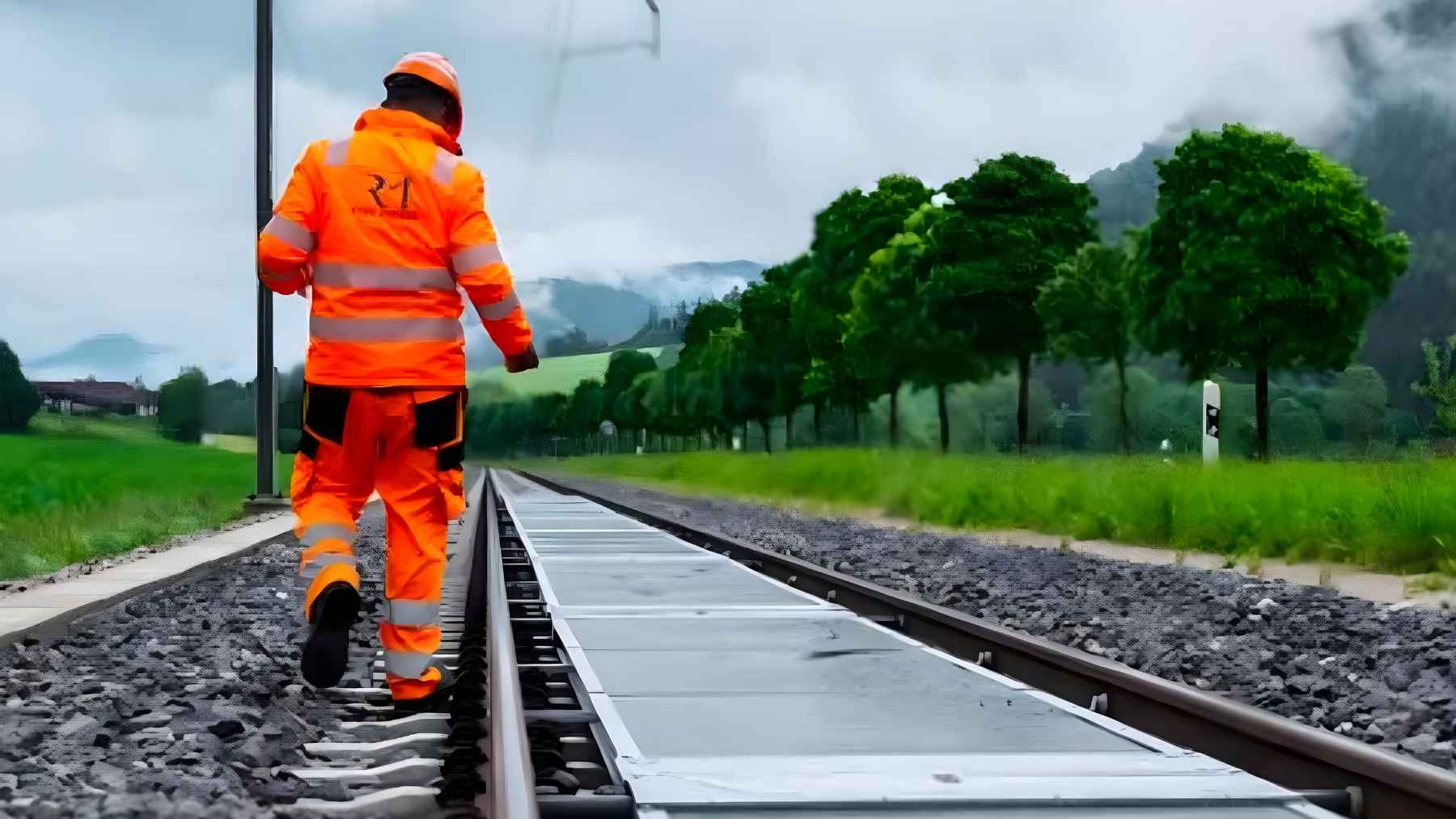 Solar panels installed between railway tracks in Switzerland as part of a removable solar energy pilot project.