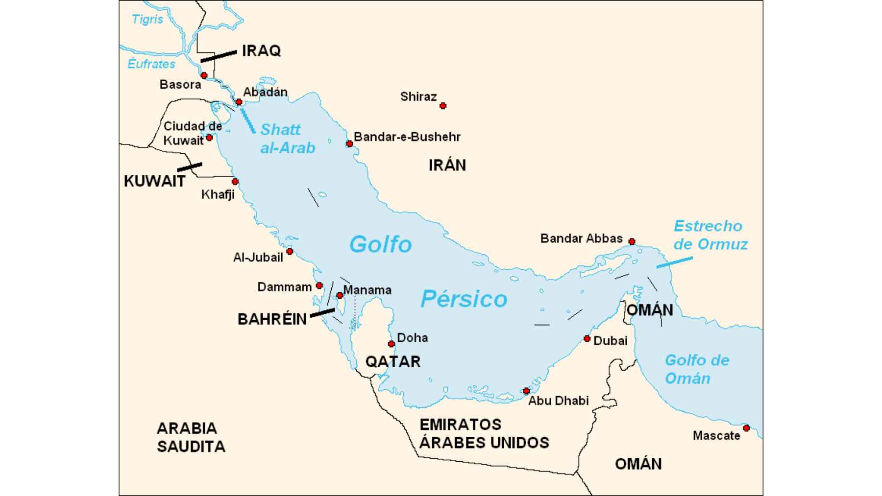 Map of the Persian Gulf and Strait of Hormuz showing major shipping routes and surrounding countries