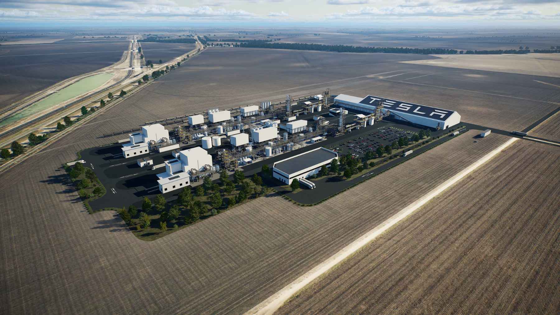 Industrial wastewater discharge flowing into a drainage ditch near Tesla lithium refinery in South Texas