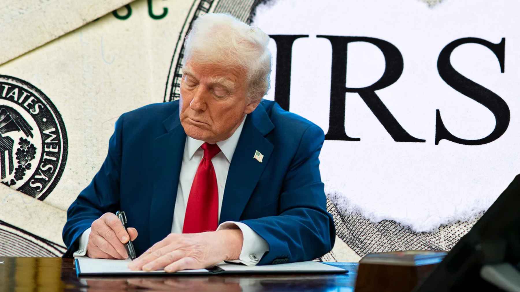 Donald Trump signs documents in front of an IRS backdrop as court ruling allows federal union contract cancellations