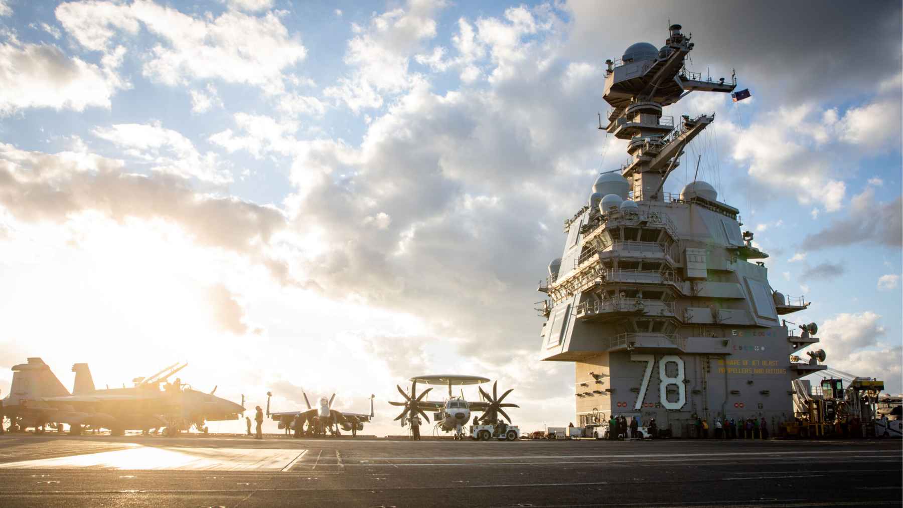 USS Gerald R. Ford aircraft carrier sailing during an extended deployment with its carrier strike group.