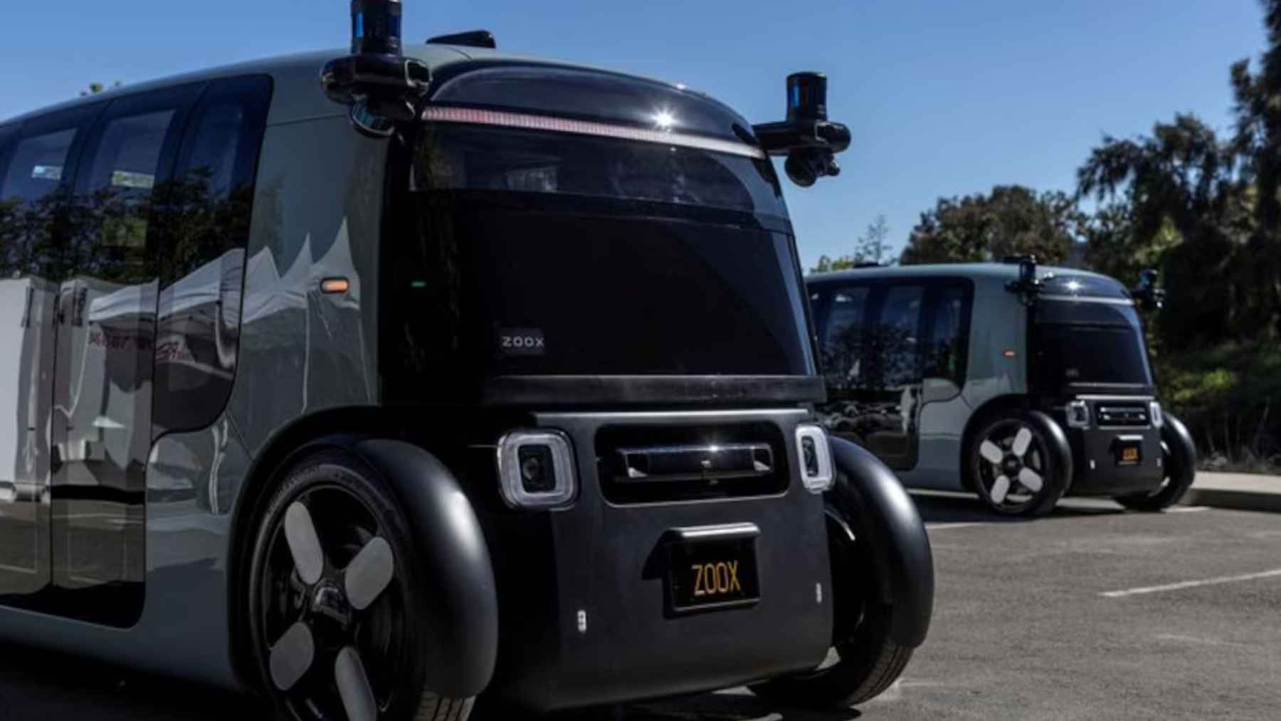 Interior of Zoox robotaxi showing driverless cabin layout without steering wheel or pedals