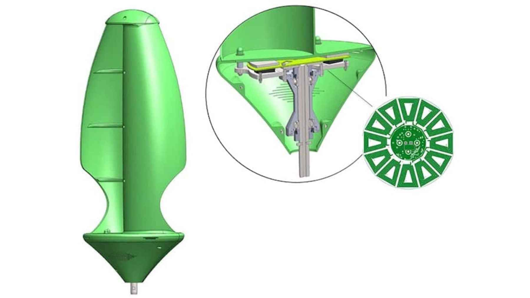 Not rooftop solar, but a wind tree: one 36-turbine system is turning a backyard into a small-scale energy plant with zero-bill ambition 1 A technical drawing showing the exterior of a green, leaf-shaped Aeroleaf microturbine next to an exploded view of its internal generator and magnetic coupling.