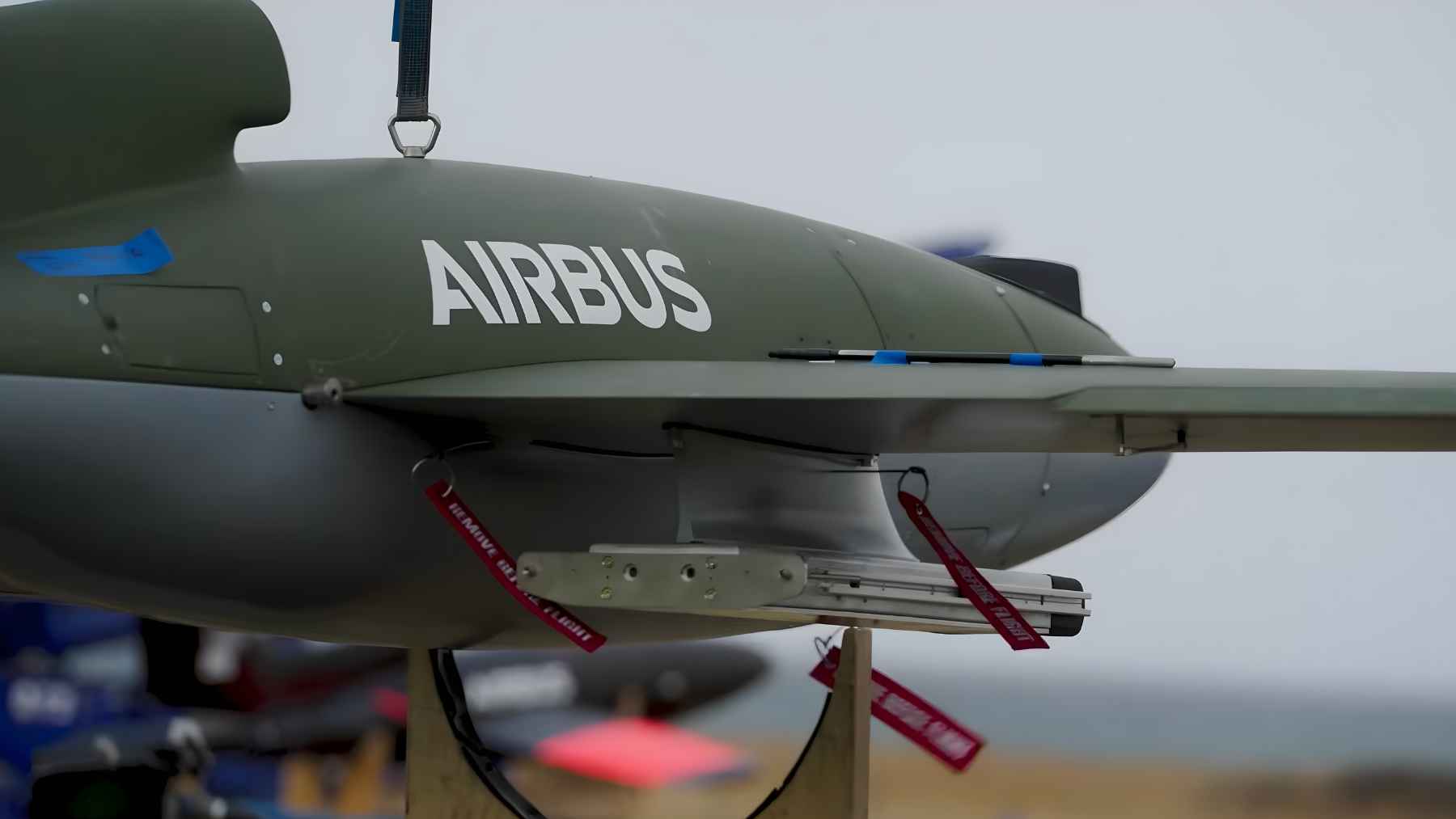 Close-up of Airbus Bird of Prey interceptor drone mounted on a stand with missile rails during a military test