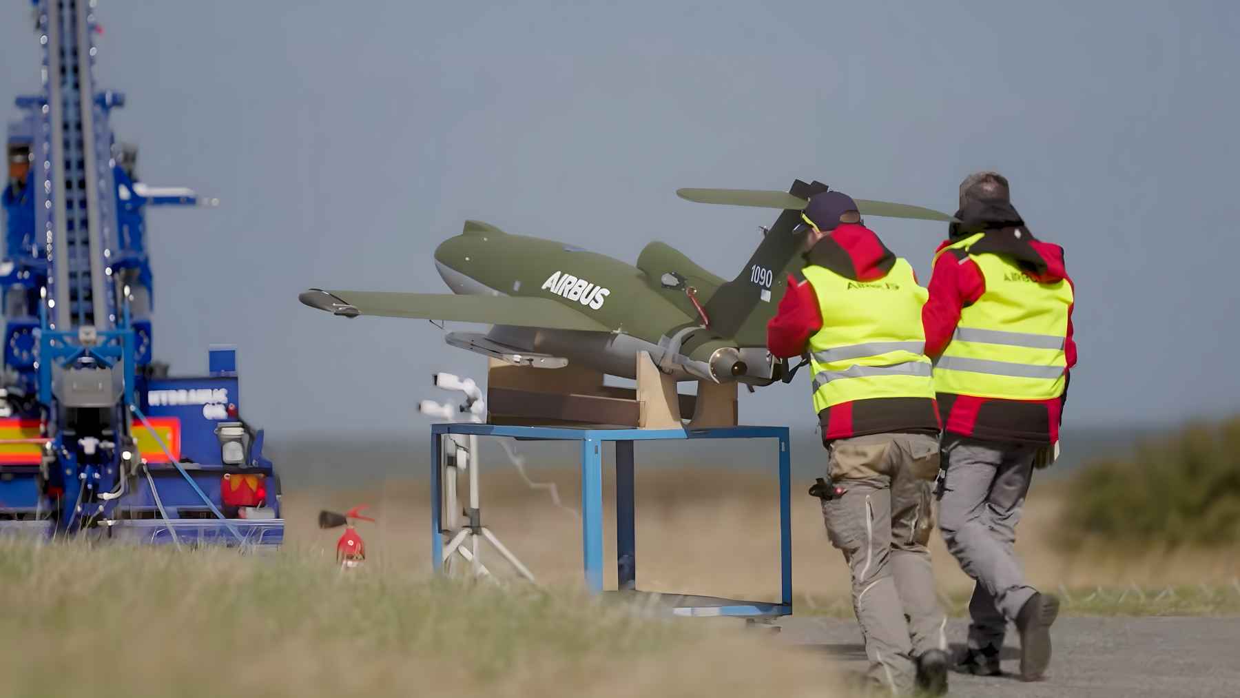 Airbus Bird of Prey drone interceptor equipped with multiple small missiles during a counter-drone defense test flight