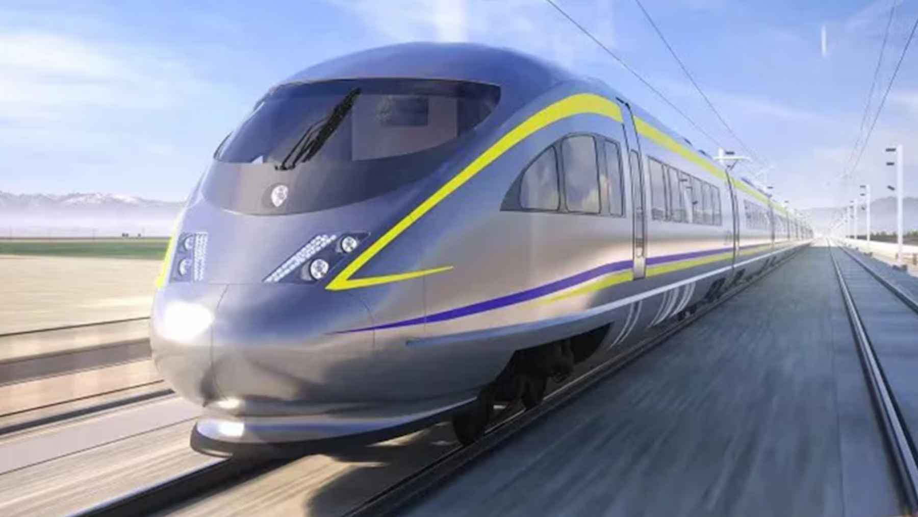 California high-speed rail construction site with track installation and railhead logistics facility