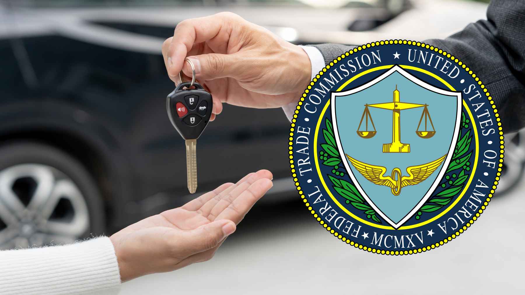 Car dealership showroom with vehicles and sales desks, highlighting pricing practices and fees under regulatory scrutiny.