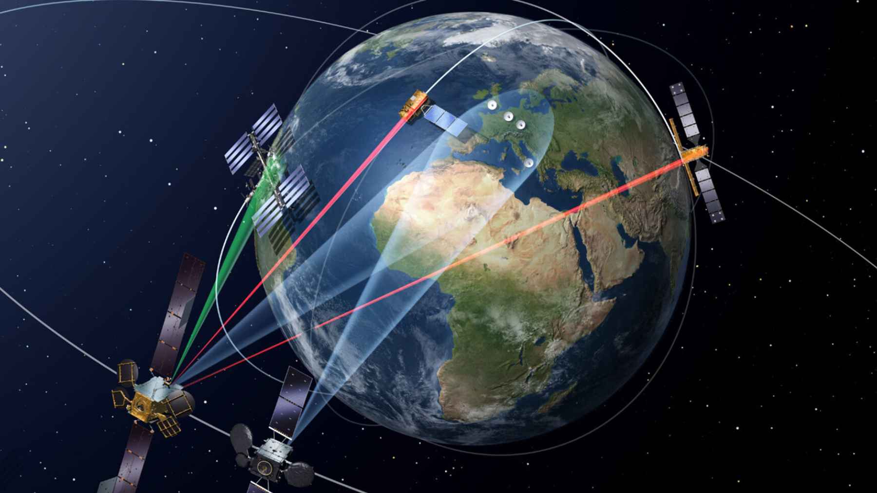 Satellite in geostationary orbit transmitting a laser communication signal to a ground station on Earth
