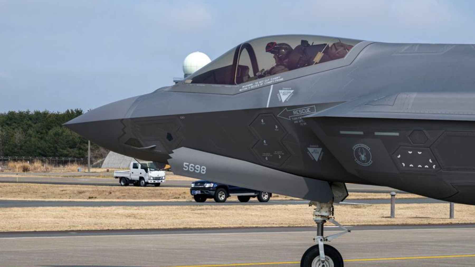 Close-up of U.S. Air Force F-35A Lightning II fighter jet on runway at Misawa Air Base in Japan