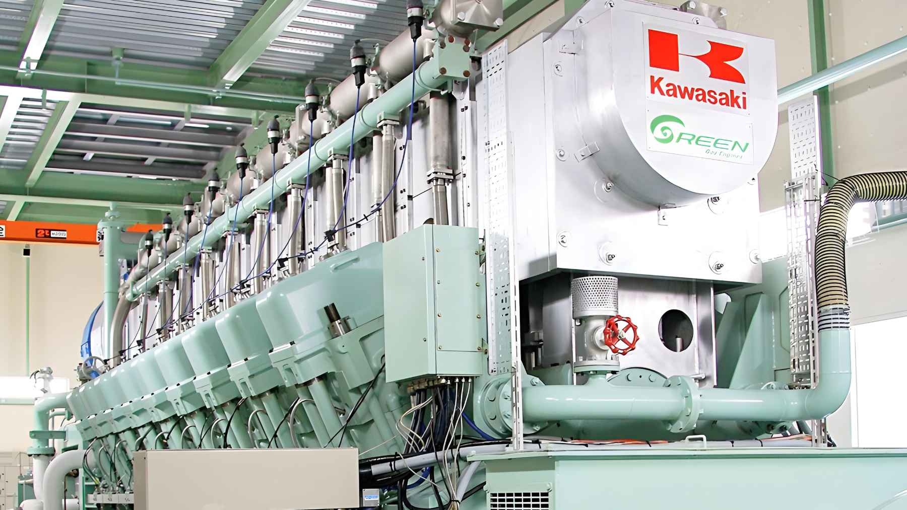 Large industrial gas engine system designed by Kawasaki Heavy Industries to generate electricity using a hydrogen and natural gas blend