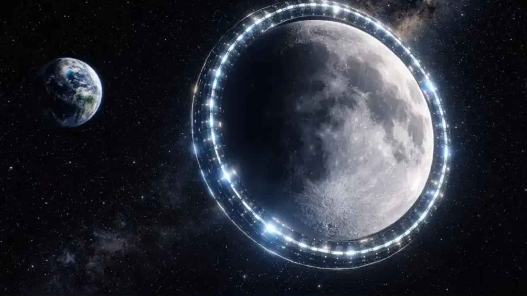 A digital illustration of the Luna Ring, showing a glowing solar belt encircling the Moon's equator with Earth visible in the background.