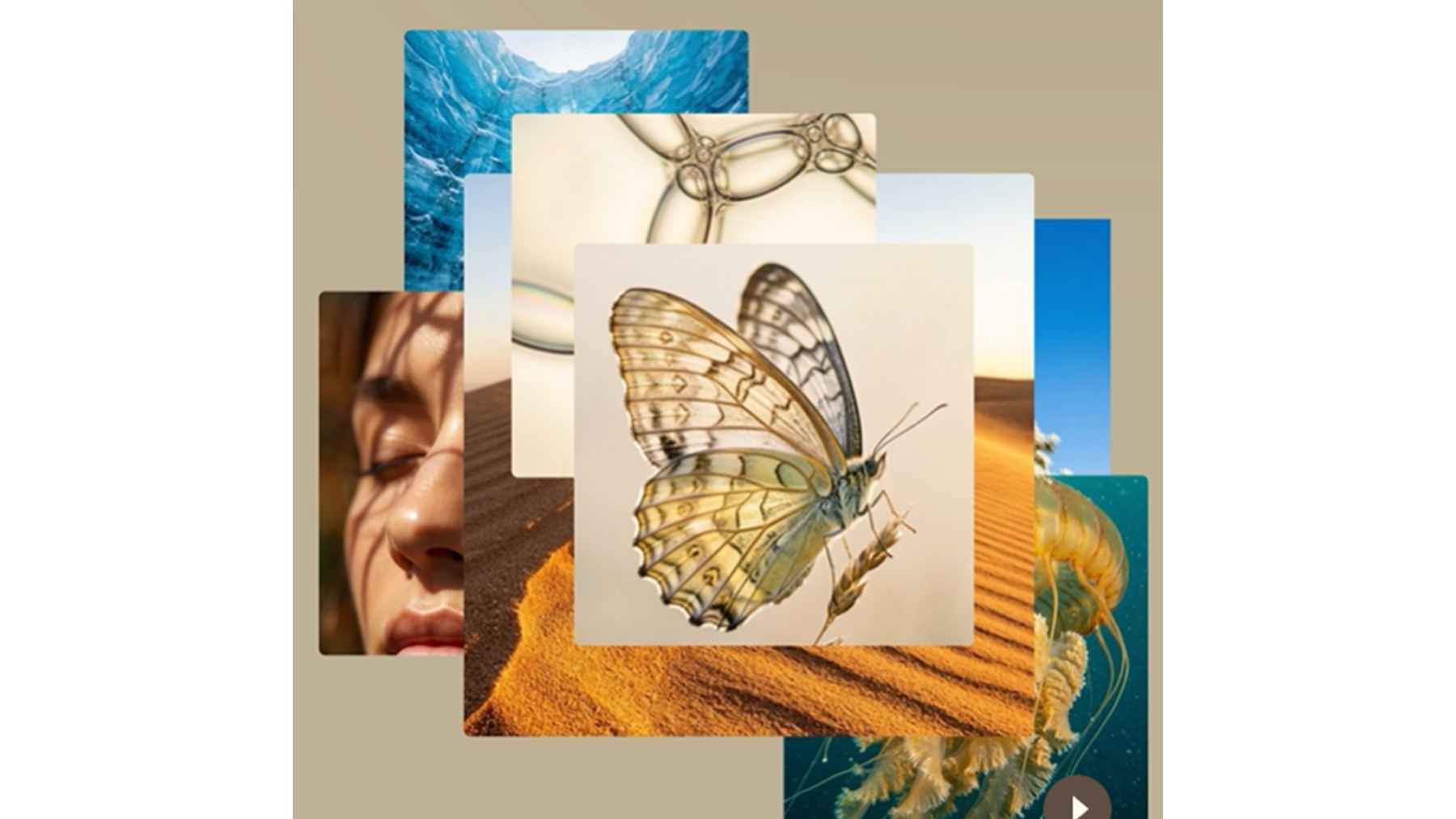 Layered collage of AI-generated images including a butterfly, desert dunes, ocean waves, and abstract textures representing generative AI outputs