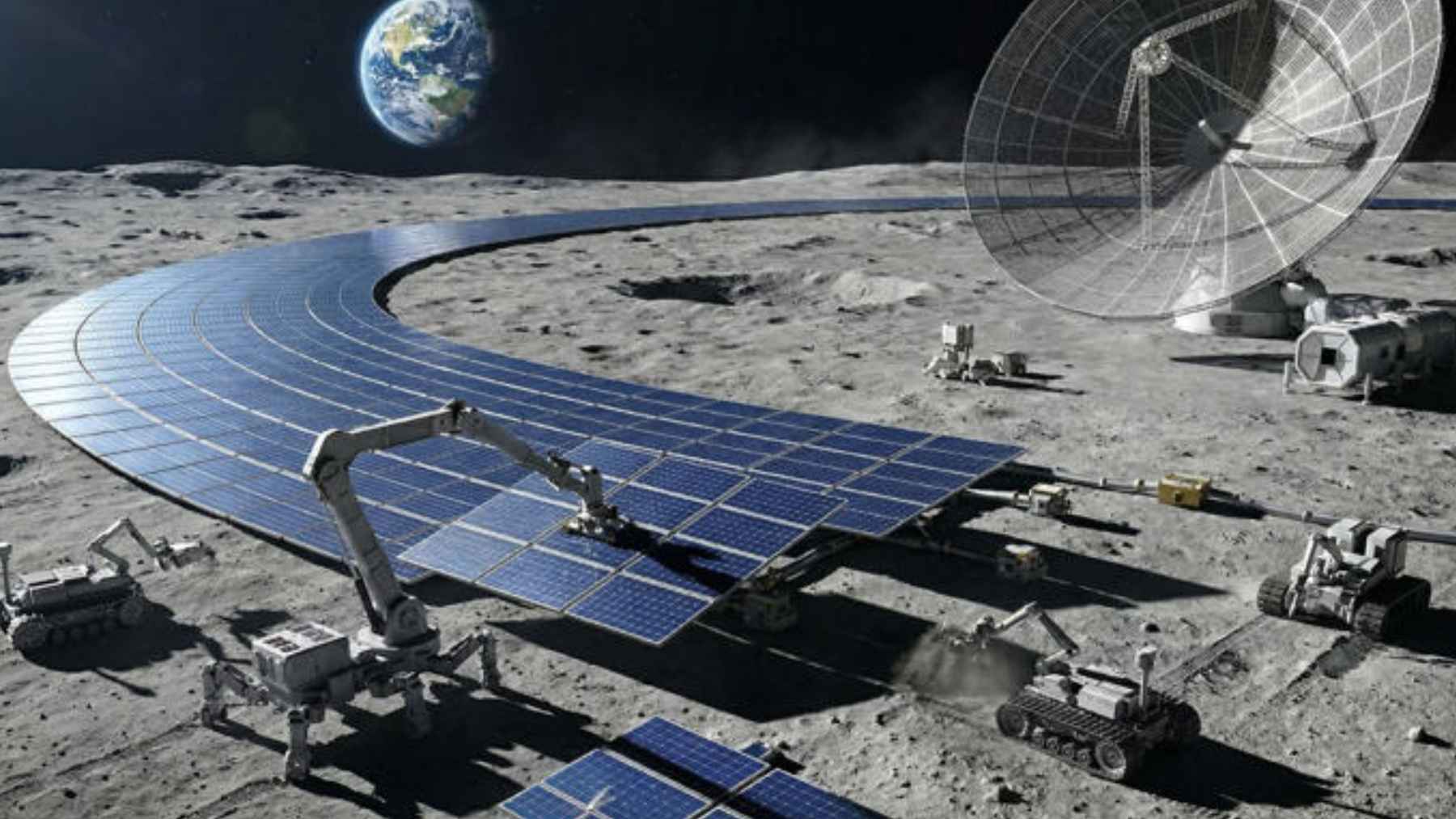Concept illustration of a solar panel ring around the Moon beaming energy back to Earth