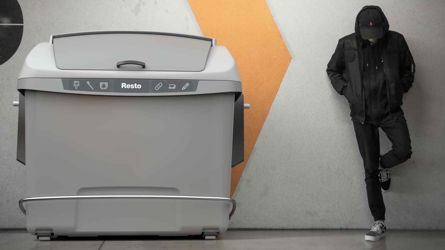 A large, stationary Empire Bin trash container placed in a New York City curb lane next to parked cars.