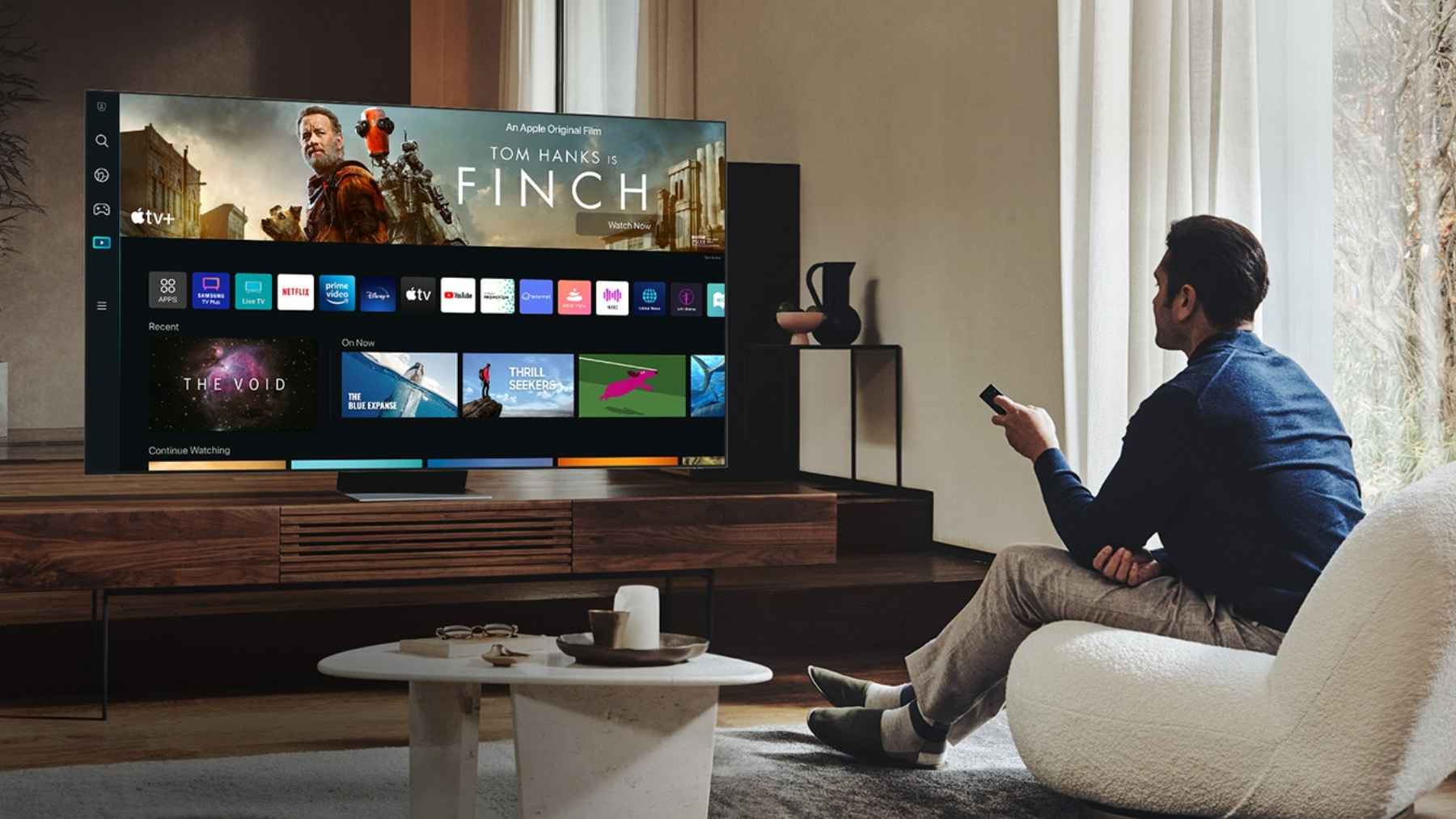 Samsung smart TV displaying a streaming interface, highlighting concerns about data tracking and user privacy