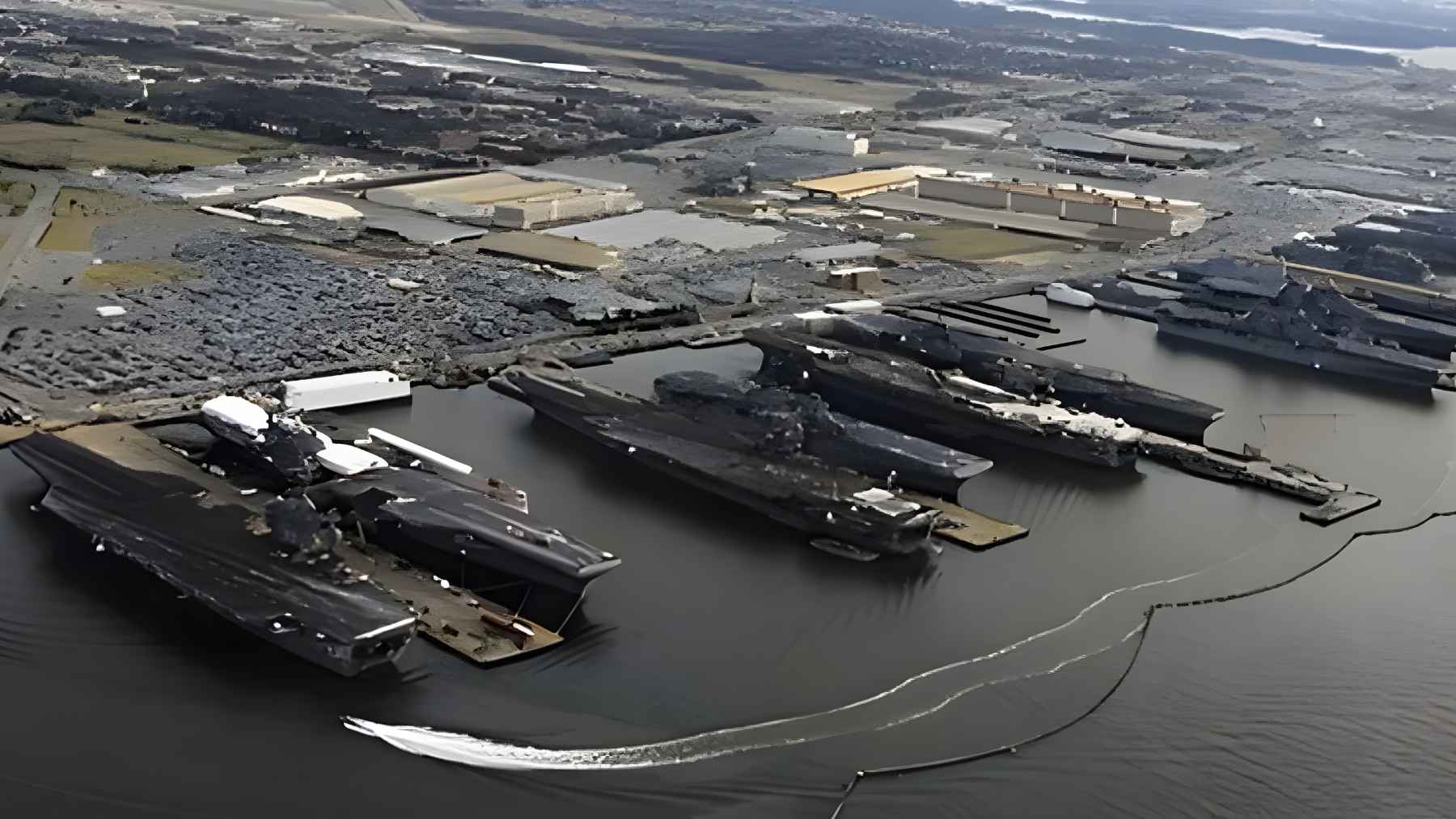 Aerial view of a large U.S. naval base with multiple aircraft carriers docked along the coastline