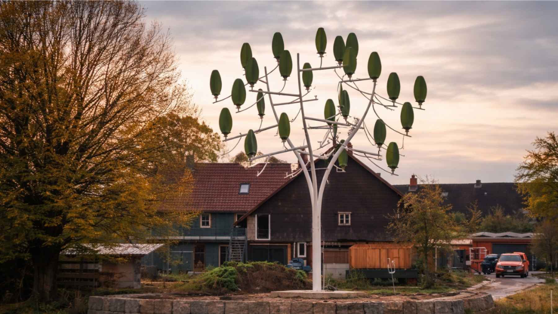 Wind tree with multiple microturbines generating renewable energy in a residential backyard
