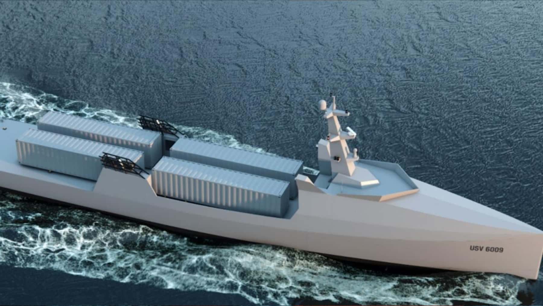 Representación digital de un buque autónomo navegando en alta mar