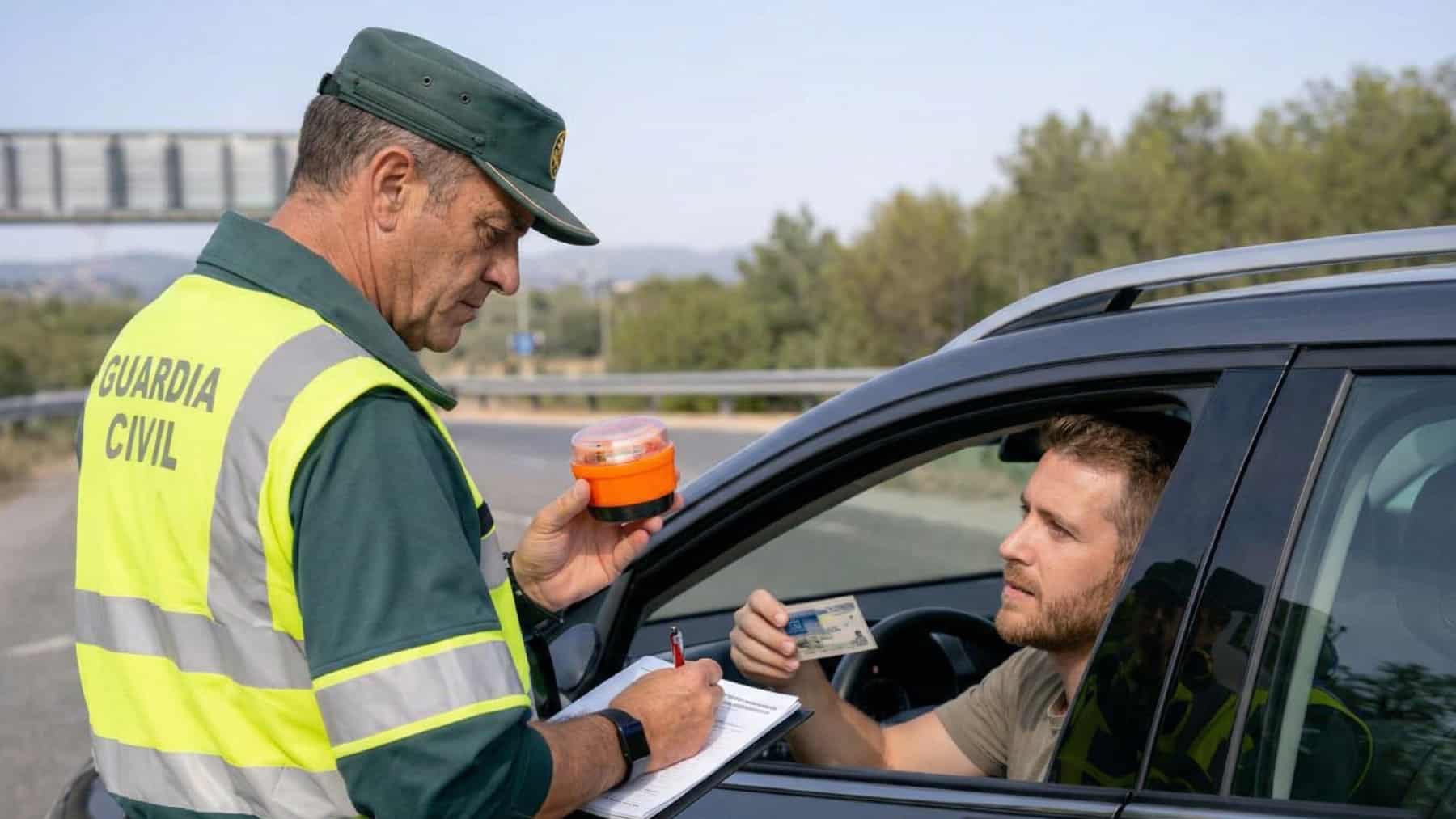 Agente de la Guardia Civil realiza un control de tráfico y revisa la documentación de un conductor dentro de su coche en carretera.