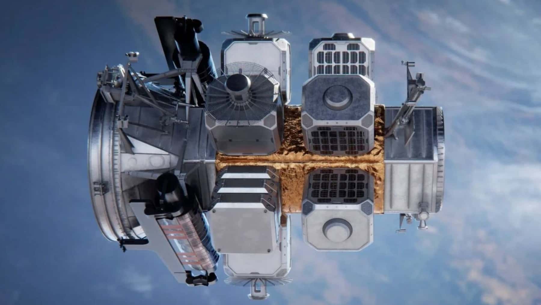 Representación de un sistema de defensa espacial o satélite en órbita terrestre visto desde el espacio.