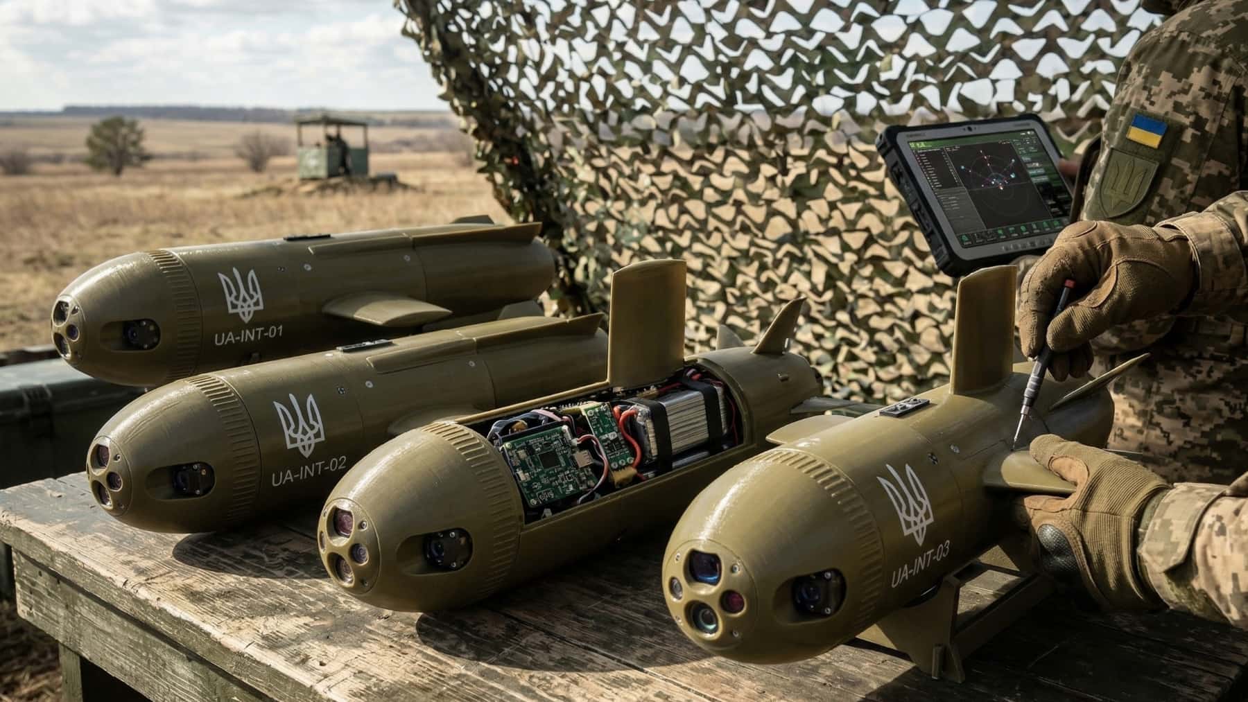 Soldado manipulando drones o munición guiada sobre una mesa de campaña bajo una red de camuflaje.