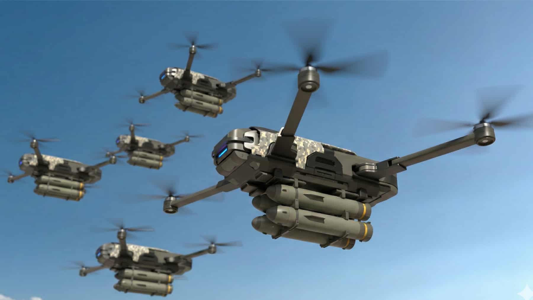 Varios drones militares armados vuelan en formación sobre el cielo azul, con hélices visibles y carga de munición bajo el fuselaje.
