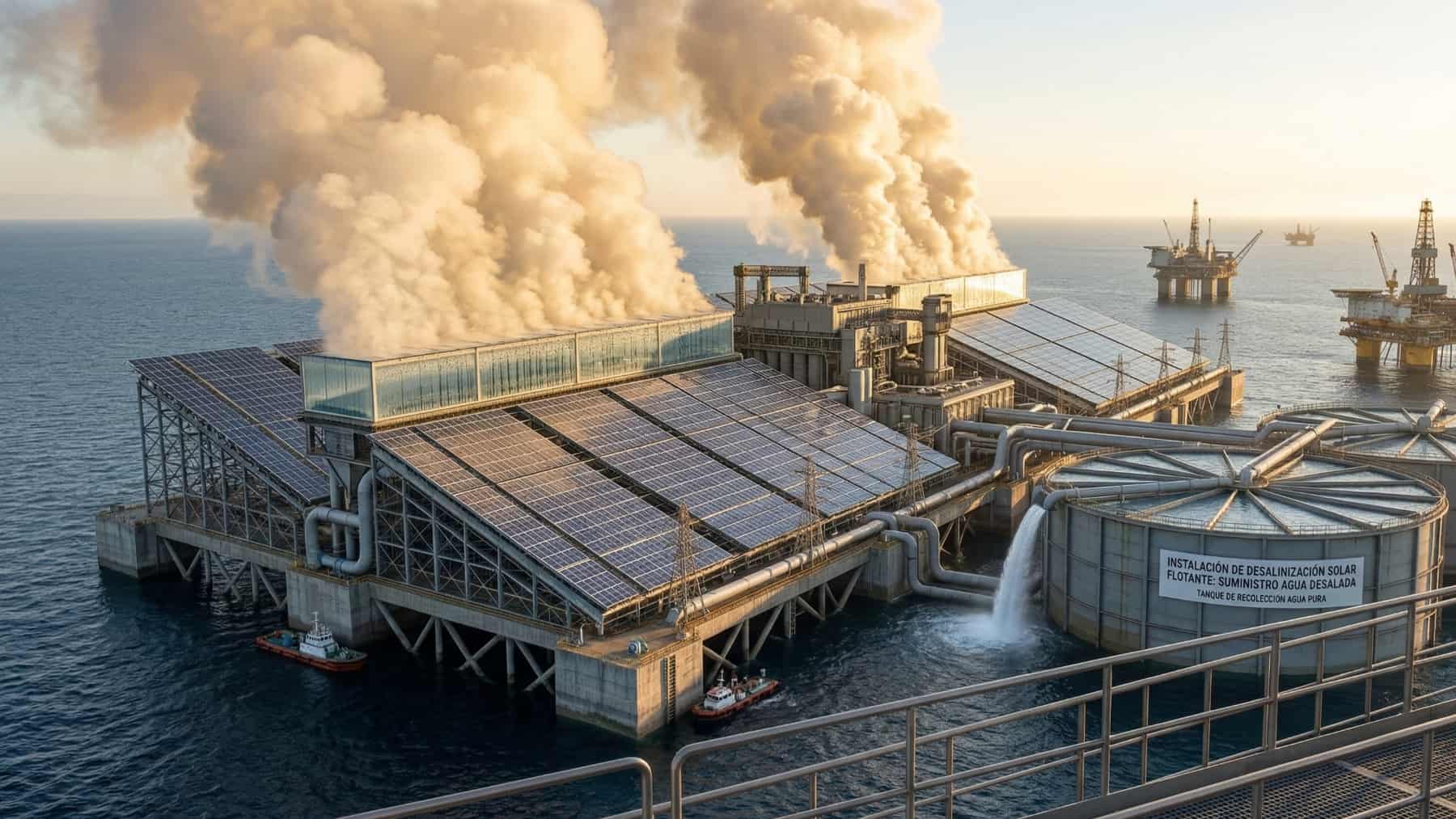 Extractor de agua basculante con panel solar funcionando sobre el mar al atardecer