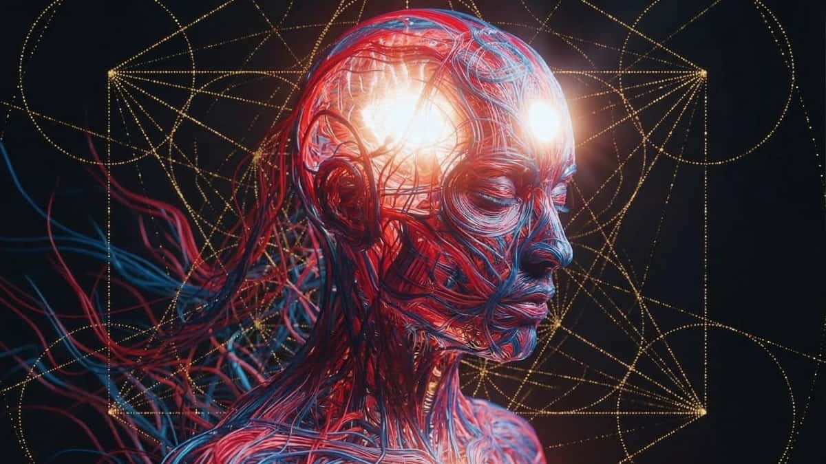 Ilustración de una figura humana futurista con red neuronal y luces en la cabeza y el pecho
