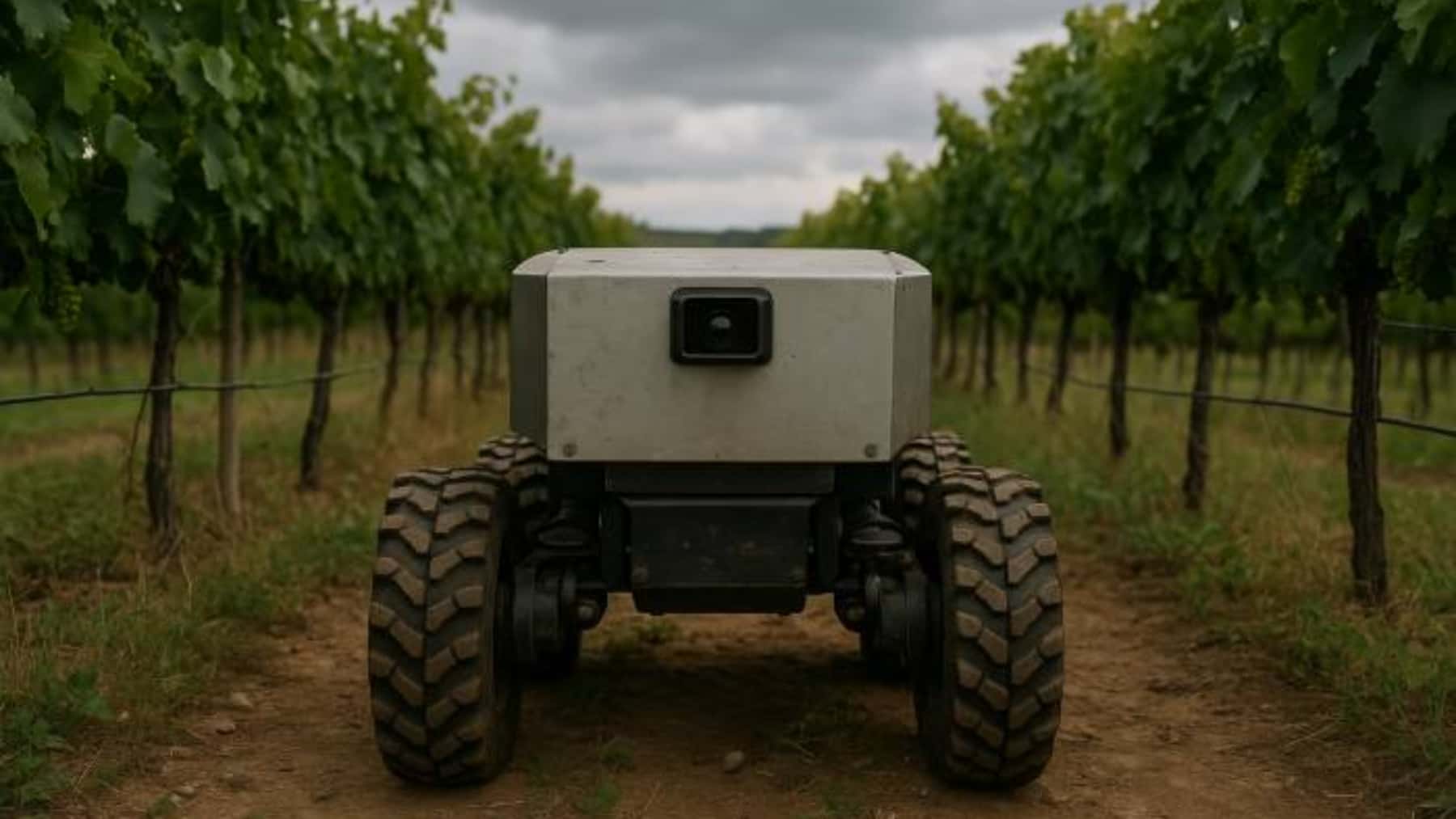 Robot agrícola autónomo circulando entre hileras de viñedo