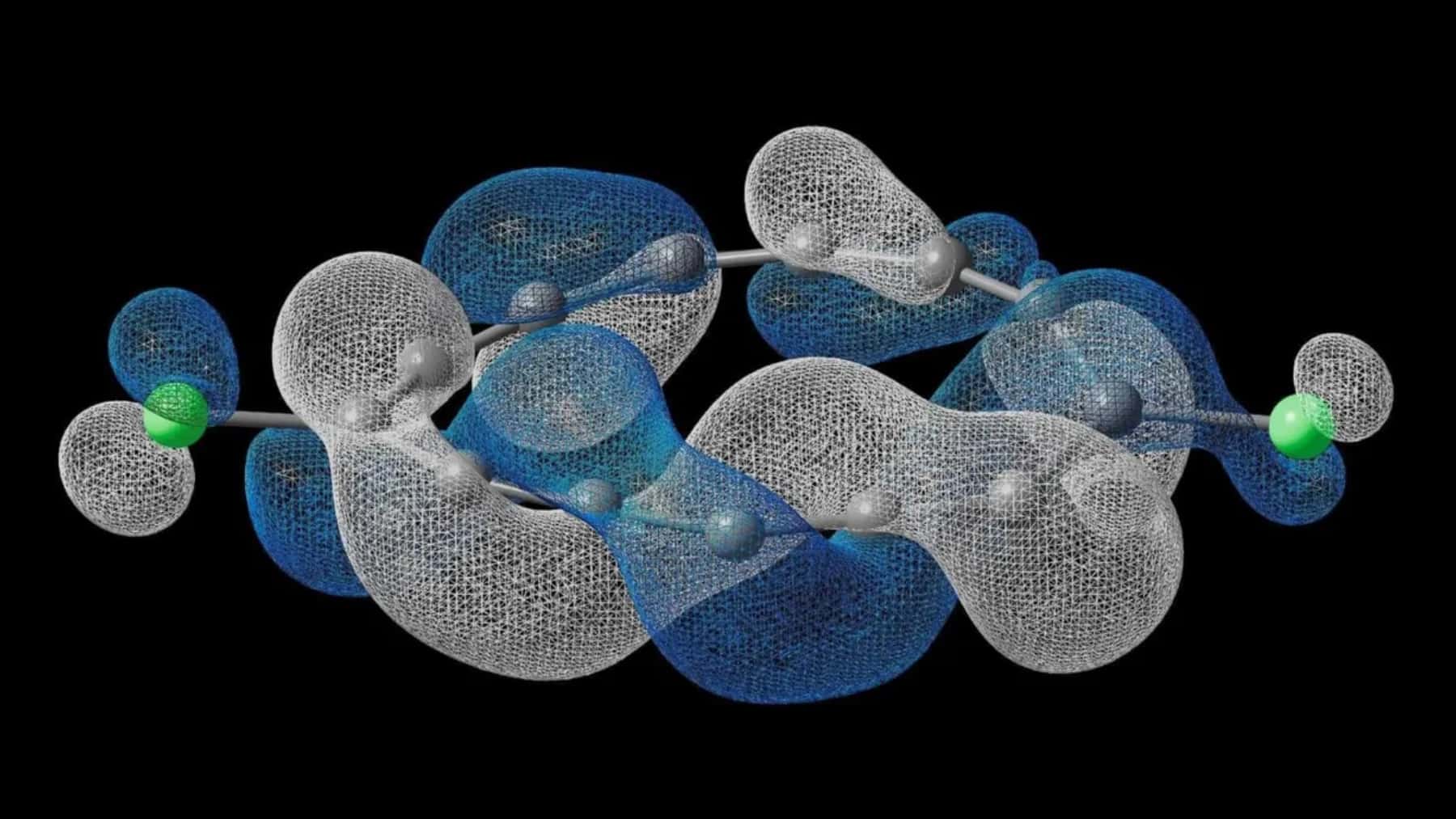 Representación 3D de una molécula con orbitales electrónicos sobre fondo negro.