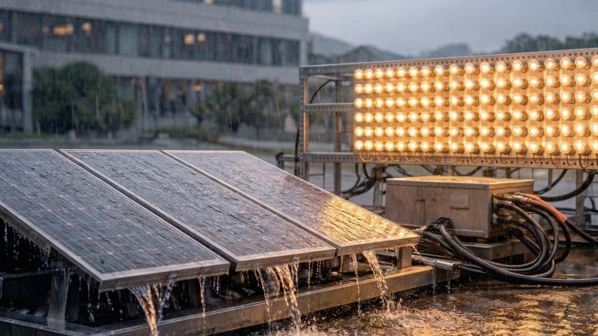 Paneles solares con sistema de refrigeración por agua durante una prueba con iluminación artificial intensa.