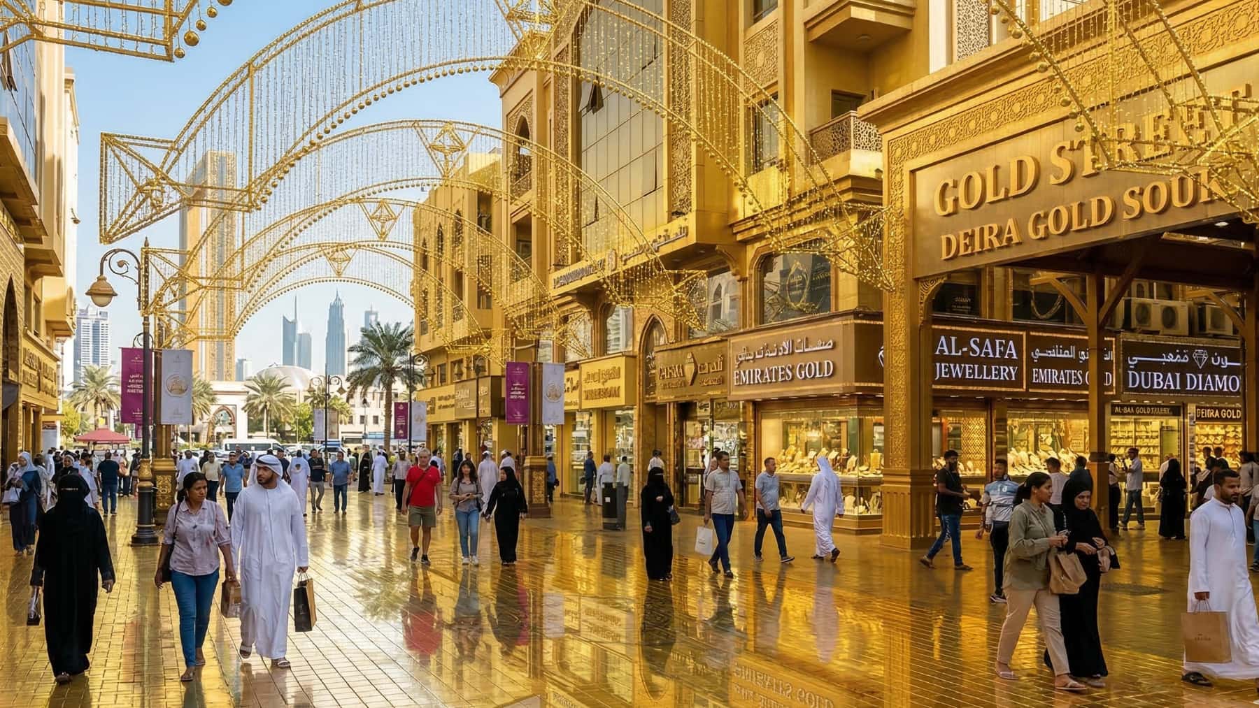 Vista del Gold Souk de Dubái, en Deira, con tiendas de joyería, decoración dorada y peatones caminando por la avenida comercial.